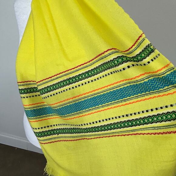 Vintage Long Scarf Embroidered 18"X 51" Yellow Green Fringe Lightweight Boho - Picture 2 of 6
